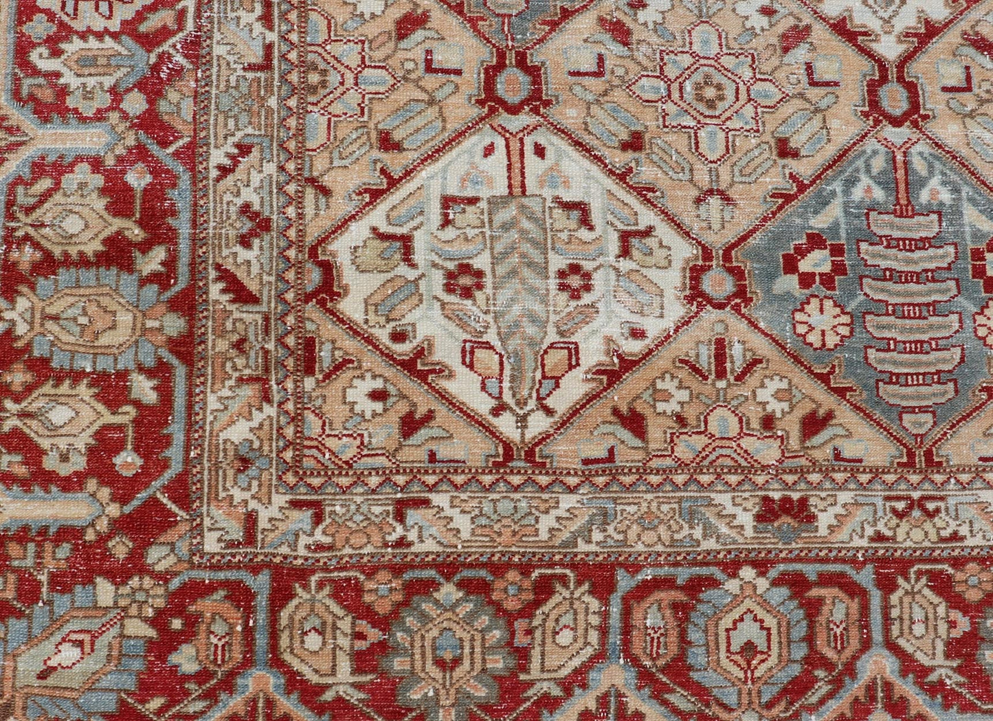 Antique Persian All - Over Diamond Design Bakhtiari Rug in Multi Colors With Red. Keivan Woven Arts / rug R20 - 0836, country of origin / type: Iran / Bakhtiari, circa 1920 Measures: 12'11 x 15'6 Persian Bakhtiari rugs are in fact tribal pieces that... - Keivan Woven ArtsR20 - 0836 - 13386Rug