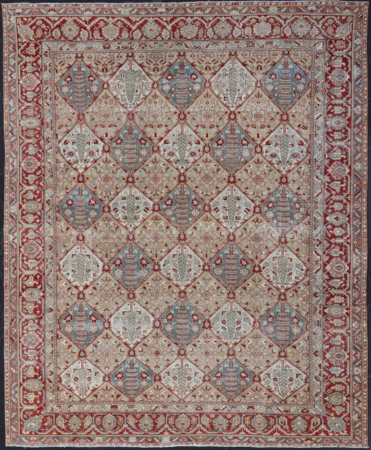 Antique Persian All - Over Diamond Design Bakhtiari Rug in Multi Colors With Red. Keivan Woven Arts / rug R20 - 0836, country of origin / type: Iran / Bakhtiari, circa 1920 Measures: 12'11 x 15'6 Persian Bakhtiari rugs are in fact tribal pieces that... - Keivan Woven ArtsR20 - 0836 - 13386Rug