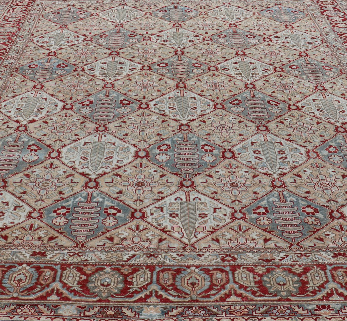 Antique Persian All - Over Diamond Design Bakhtiari Rug in Multi Colors With Red. Keivan Woven Arts / rug R20 - 0836, country of origin / type: Iran / Bakhtiari, circa 1920 Measures: 12'11 x 15'6 Persian Bakhtiari rugs are in fact tribal pieces that... - Keivan Woven ArtsR20 - 0836 - 13386Rug