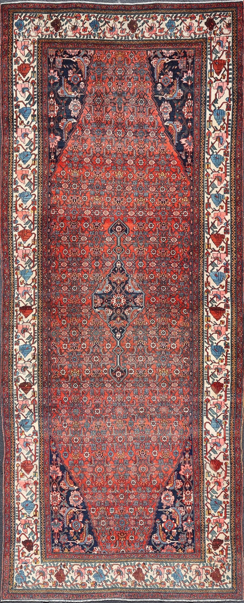Finely Woven Large Antique Persian Gallery Rug in Rich Blue, Brick Red Finely woven sub geometric pattern Bibikabad antique Persianlarge gallery runner rug in rich blue, brick red and multi colors, rug R20 - 0902, country of origin / type: Iran / ... - Keivan Woven ArtsR20 - 0902 - 14014Rug