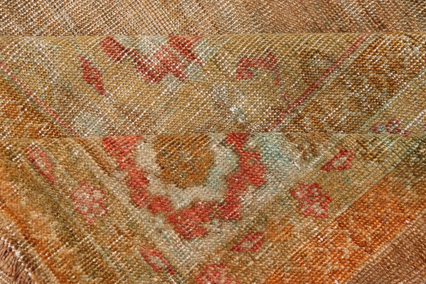Antique Turkish Oushak Keivan Woven Arts With Medallion in Green, Coral, L. Blue & Marigold. Keivan Woven Arts / rug / R20 - 1015, country of origin / type: Turkey / Oushak, circa 1900 Measures: 8'10 x 12'4 This diverse and beautiful 1900'... - Keivan Woven ArtsR20 - 1015 - 14152Rug