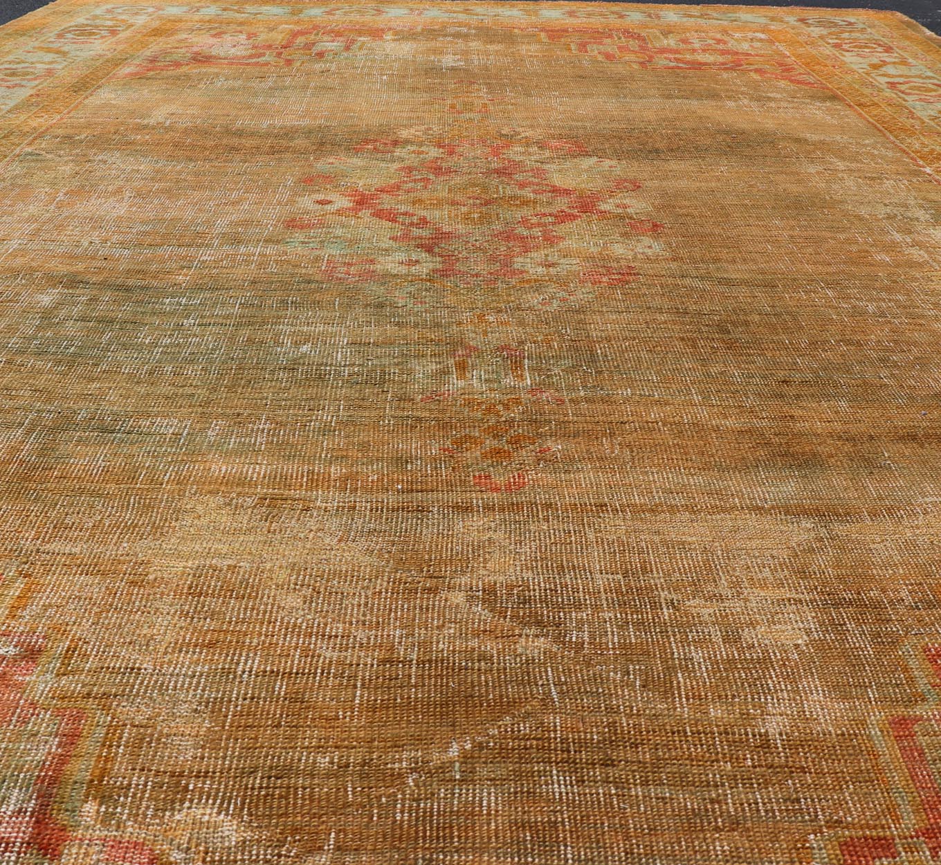Antique Turkish Oushak Keivan Woven Arts With Medallion in Green, Coral, L. Blue & Marigold. Keivan Woven Arts / rug / R20 - 1015, country of origin / type: Turkey / Oushak, circa 1900 Measures: 8'10 x 12'4 This diverse and beautiful 1900'... - Keivan Woven ArtsR20 - 1015 - 14152Rug