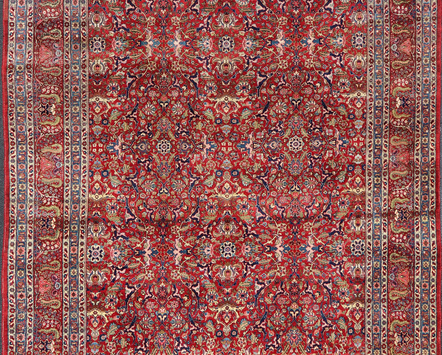 Keivan Woven Arts - Large Antique Persian Fine Weave Tabriz in Red Background & Light Blue Guard Borders. Finely woven antique Tabriz rug with all - over design field in Red Background & Light Blue Guard Borders and variety of colors in the entire ru... - Keivan Woven ArtsR20 - 1105 - 14162Rug