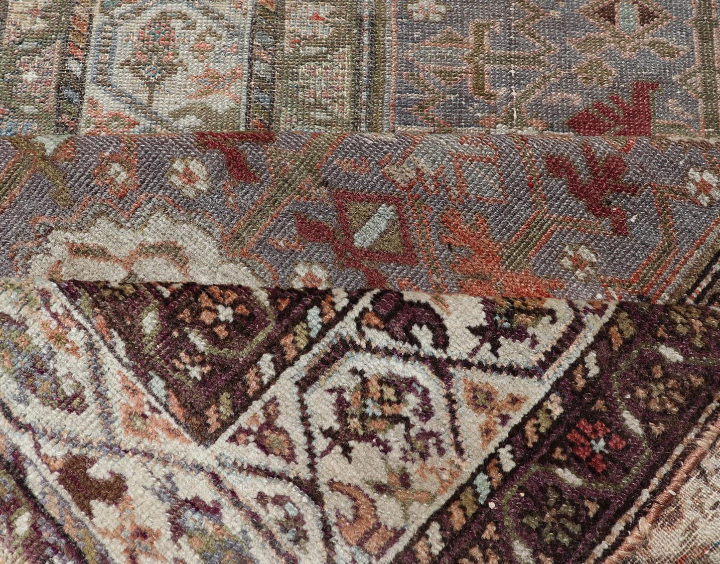 Antique distressed Malayer Persian Long Runner in Lt. Purple, Lavender, Tan, Gray & Green. Distressed Antique long Persian Malayer runner with all - over intricate floral design in multi - colors, rug R20 - 1109, country of origin / type: Iran / Mal... - Keivan Woven ArtsR20 - 1109 - 14148Rug