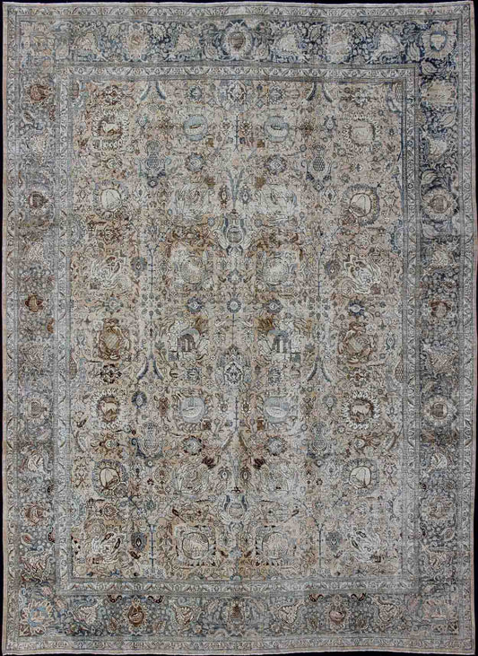 Antique Persian Tabriz Carpet with Geometric Design in Tan and Blue's Antique Persian Tabriz carpet with geometric design in blue tones. Blue, gray, taupe, tan and brown geometric Persian Tabriz rug, rug R20 - 115, country of origin / type: Iran ... - Keivan Woven ArtsR20 - 115 - 12685Rug