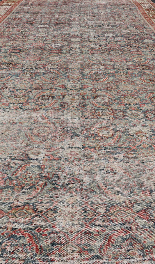 Large Gallery Persian Antique Malayer Rug in Geometric with Blue and Red Tones. Distressed antique Persian Malayer runner with geometric all - over design in reds, tan, and light blue. Antique rug from Persia with geometric motifs, Keivan Woven Arts / ru... - Keivan Woven ArtsR20 - 63 - 12665Rug