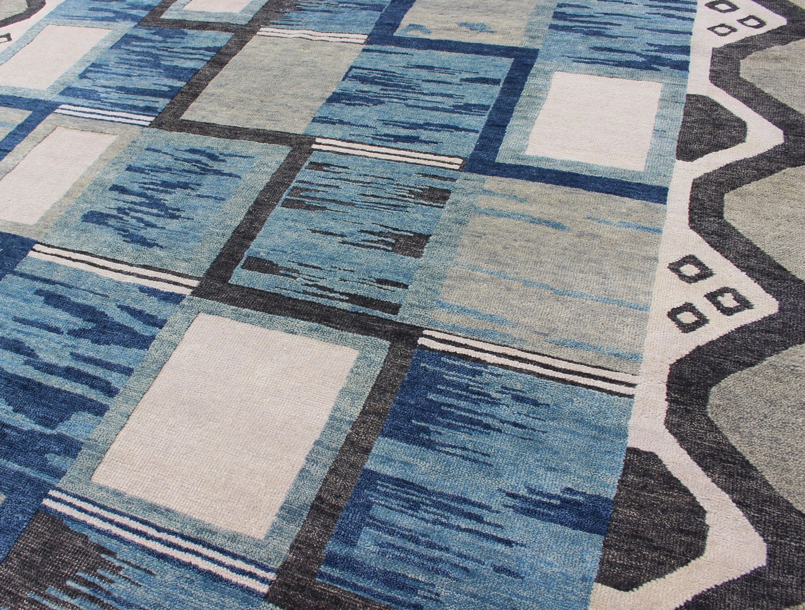 Piled Modern Scandinavian/Swedish Design Rug in Blue Tones, White, Taupe & Cream. Modern Scandinavian Design Rug in Blues and Cream Keivan Woven Arts - Scandinavian piled modern design rug with geometric design, rug RJK - 19381 - A1780, country of or... - Keivan Woven ArtsRJK - 19381 - A1780 - 13110Rug