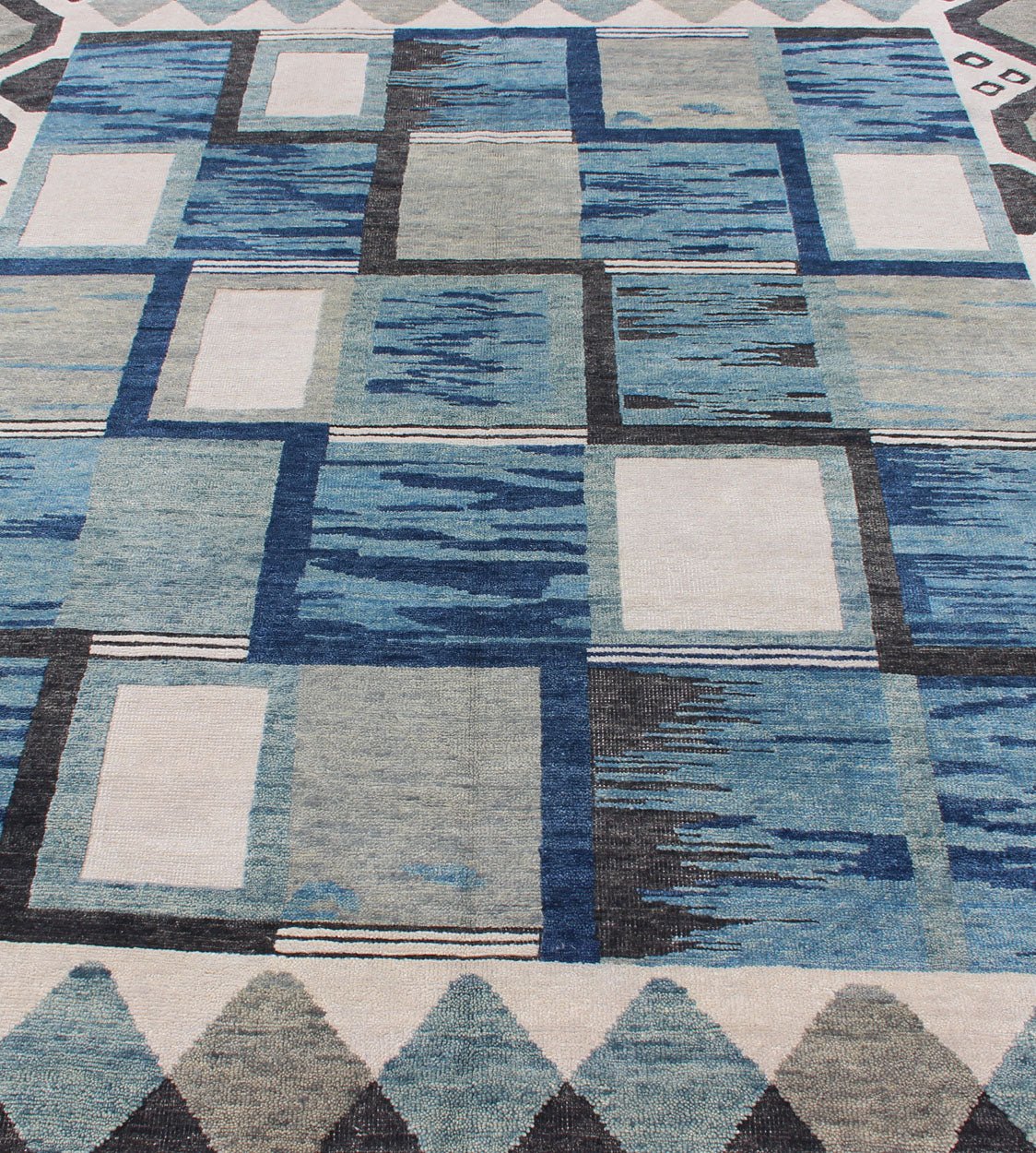 Piled Modern Scandinavian/Swedish Design Rug in Blue Tones, White, Taupe & Cream. Modern Scandinavian Design Rug in Blues and Cream Keivan Woven Arts - Scandinavian piled modern design rug with geometric design, rug RJK - 19381 - A1780, country of or... - Keivan Woven ArtsRJK - 19381 - A1780 - 13110Rug