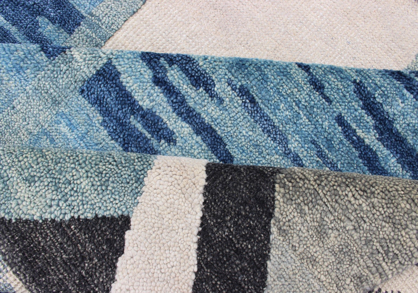 Piled Modern Scandinavian/Swedish Design Rug in Blue Tones, White, Taupe & Cream. Modern Scandinavian Design Rug in Blues and Cream Keivan Woven Arts - Scandinavian piled modern design rug with geometric design, rug RJK - 19381 - A1780, country of or... - Keivan Woven ArtsRJK - 19381 - A1780 - 13110Rug