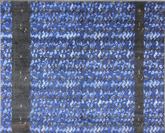 Measures: 10'2 x 13'9. Midnight blue and other shades of blue Contemporary Scandinavian design large rug with soft wool, feels great to the feet, This predominantly mid night blue rug has a pop of night light in the color yellow color. Large Modern ... - Keivan Woven ArtsRJK - 19417 - A2113A - 13116Rug