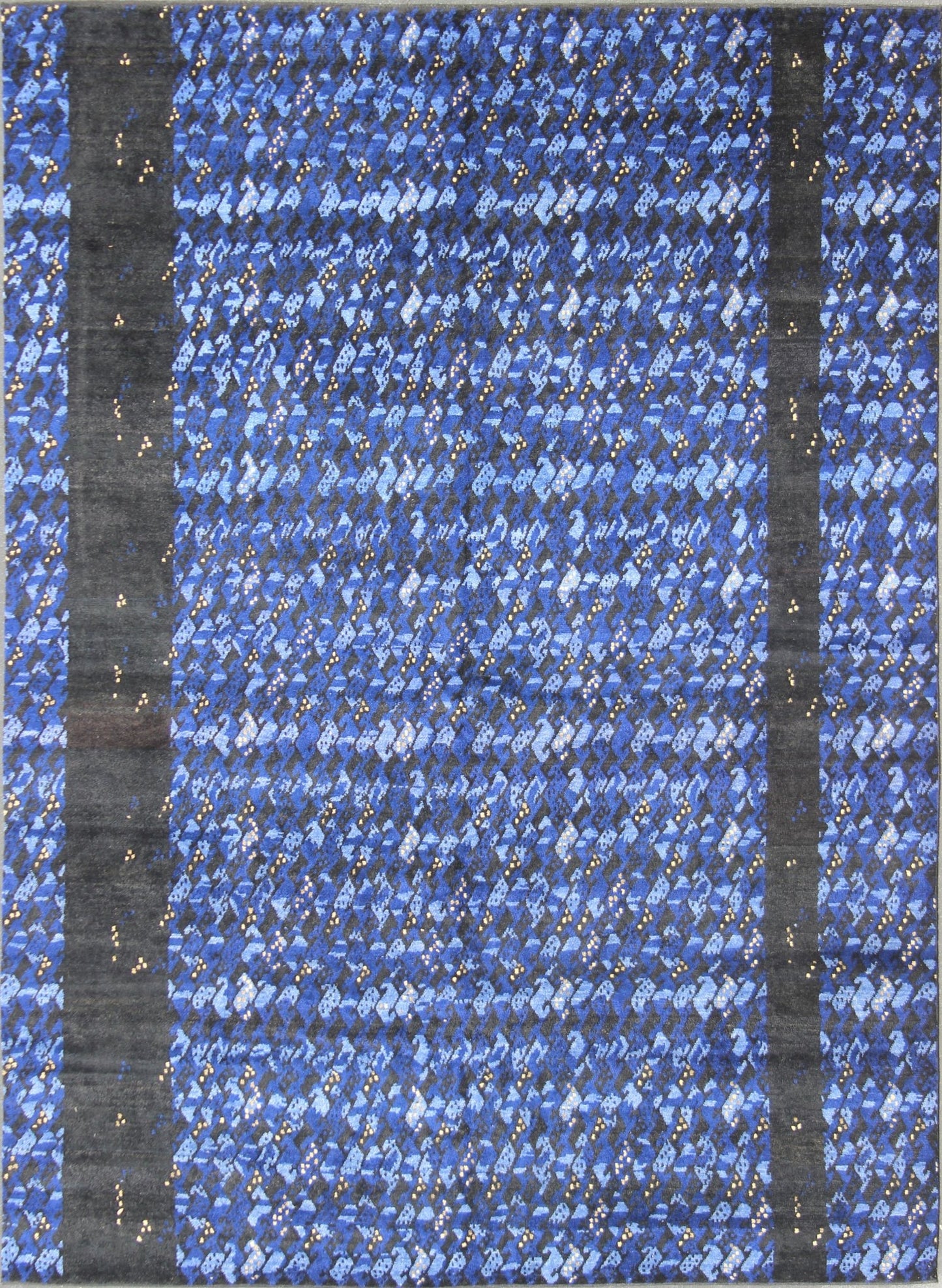 Measures: 10'2 x 13'9. Midnight blue and other shades of blue Contemporary Scandinavian design large rug with soft wool, feels great to the feet, This predominantly mid night blue rug has a pop of night light in the color yellow color. Large Modern ... - Keivan Woven ArtsRJK - 19417 - A2113A - 13116