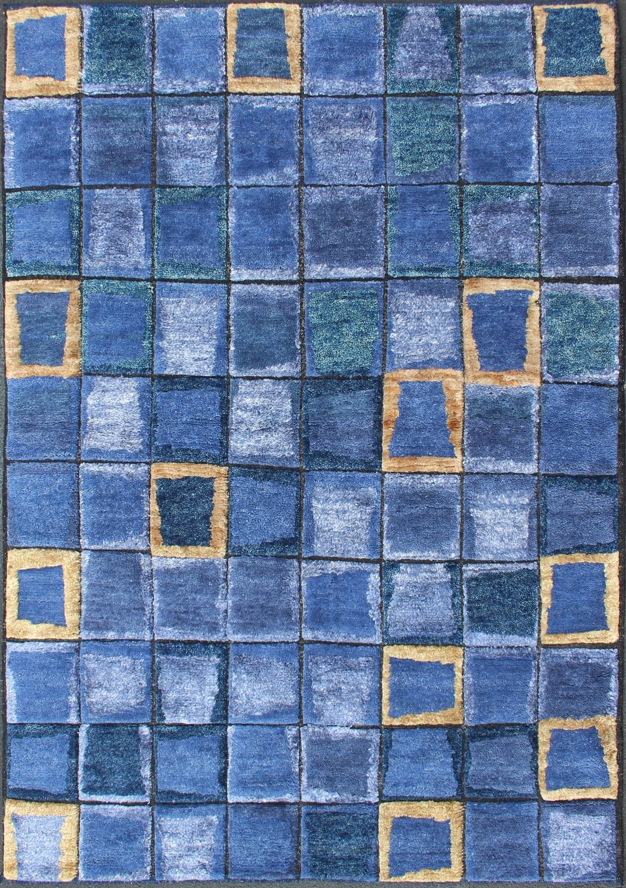 Piled Modern Scandinavian/Swedish Geometric Design Rug in Blues and Gold Color Scandinavian piled modern design rug with geometric design, rug RJK - 19650 - AHM - A - 2733, country of origin / type: India / Scandinavian piled rug This Scandinavi... - Keivan Woven ArtsRJK - 19650 - AHM - A - 2733 - 13128Rug