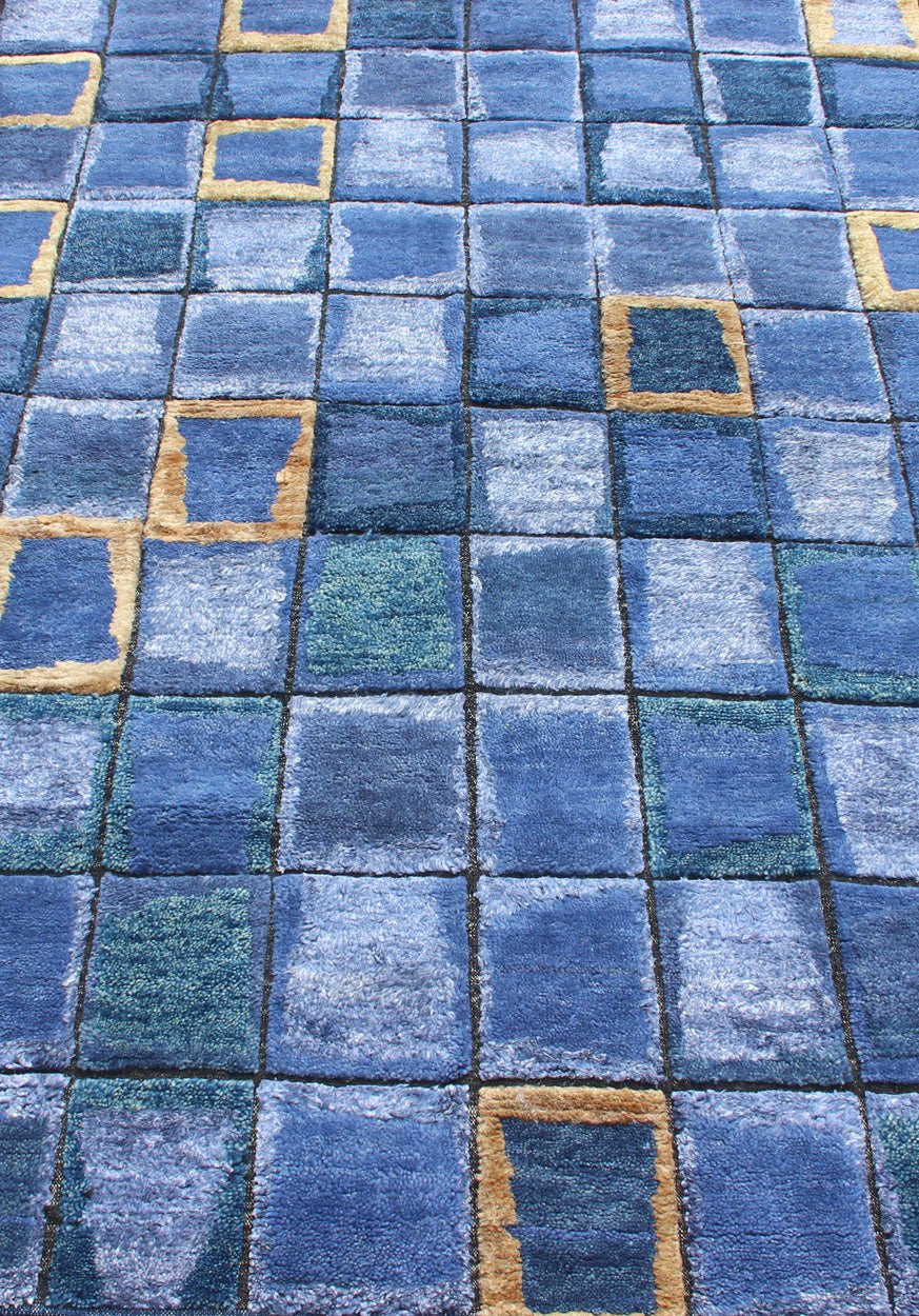 Piled Modern Scandinavian/Swedish Geometric Design Rug in Blues and Gold Color Scandinavian piled modern design rug with geometric design, rug RJK - 19650 - AHM - A - 2733, country of origin / type: India / Scandinavian piled rug This Scandinavi... - Keivan Woven ArtsRJK - 19650 - AHM - A - 2733 - 13128Rug