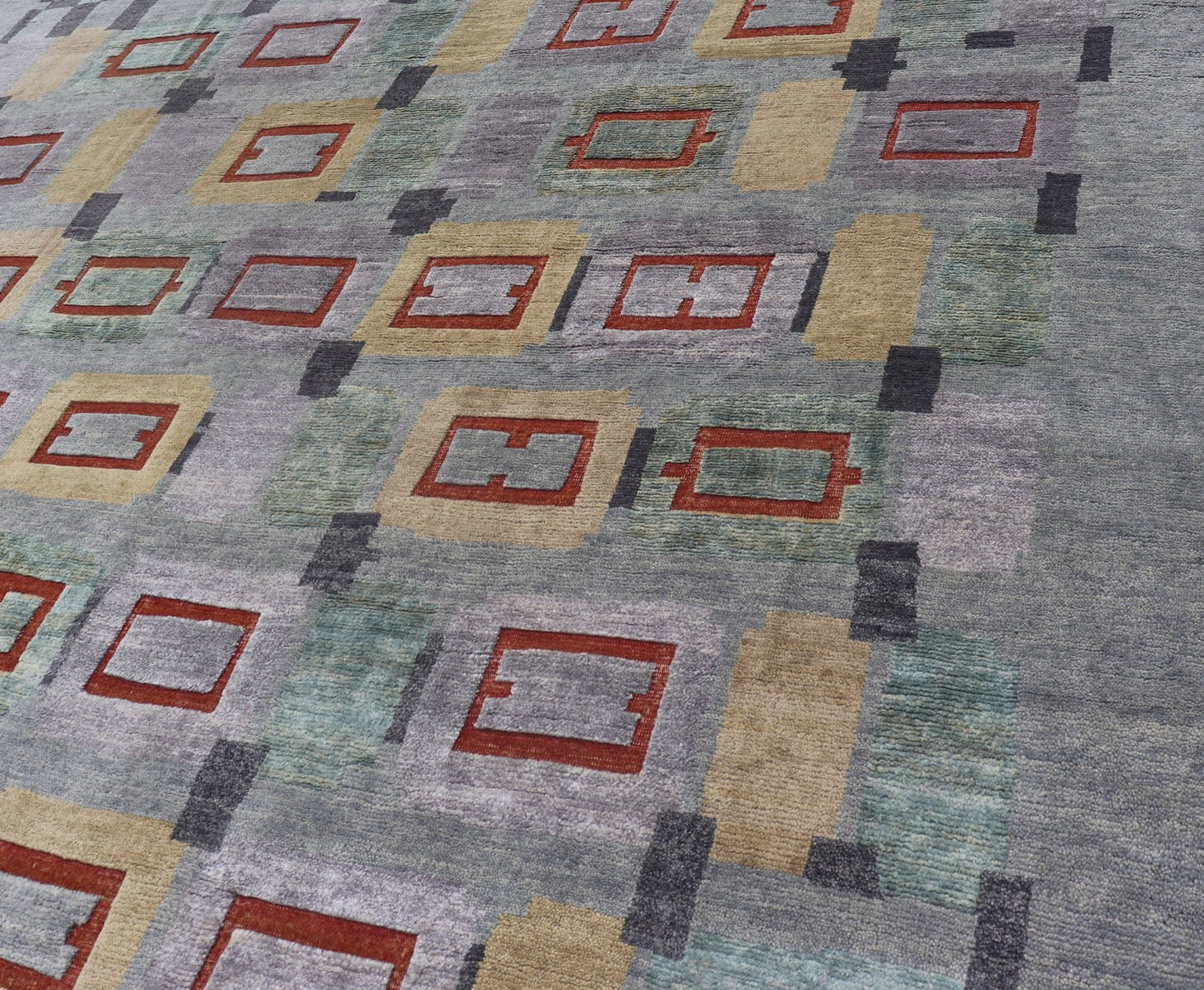 Hand - Knotted Oversized Piled Scandinavian Wool Rug in Gray, Red, and Pastels Measures 10'2 x 13'11 Country of Origin: India; Type: Piled Scandinavian; Design: Abstract Geometric, All - Over, Modern Contemporary; Keivan Woven Arts; rug... - Keivan Woven ArtsRJK - 2035 - A1778K - 17124Rug