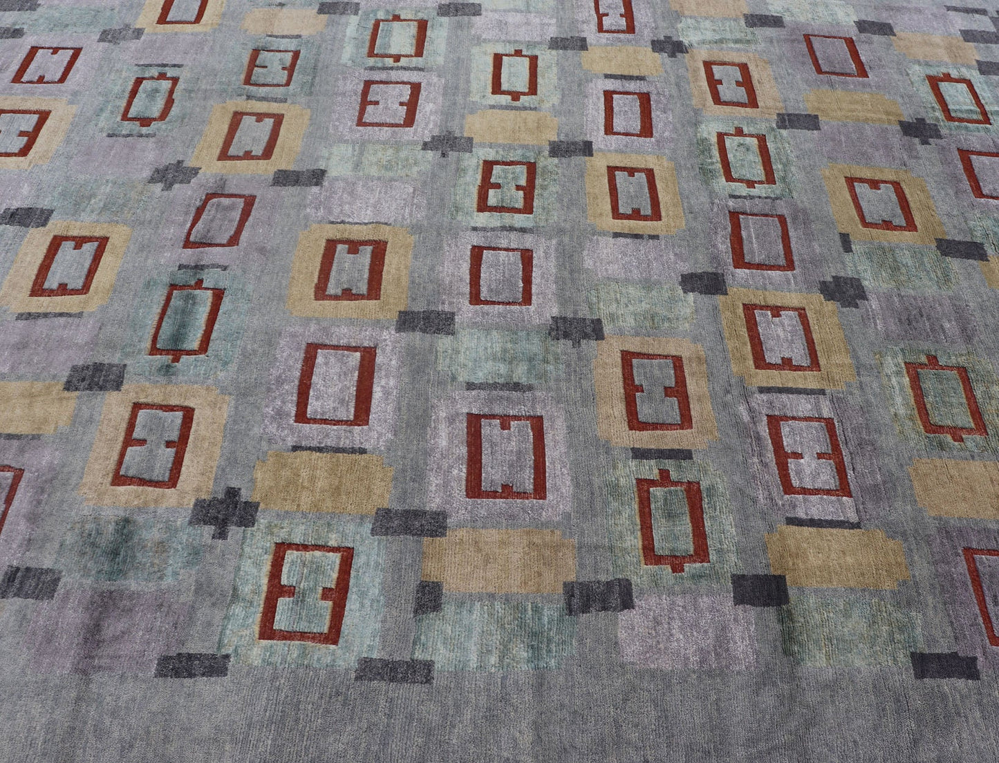Hand - Knotted Oversized Piled Scandinavian Wool Rug in Gray, Red, and Pastels Measures 10'2 x 13'11 Country of Origin: India; Type: Piled Scandinavian; Design: Abstract Geometric, All - Over, Modern Contemporary; Keivan Woven Arts; rug... - Keivan Woven ArtsRJK - 2035 - A1778K - 17124Rug