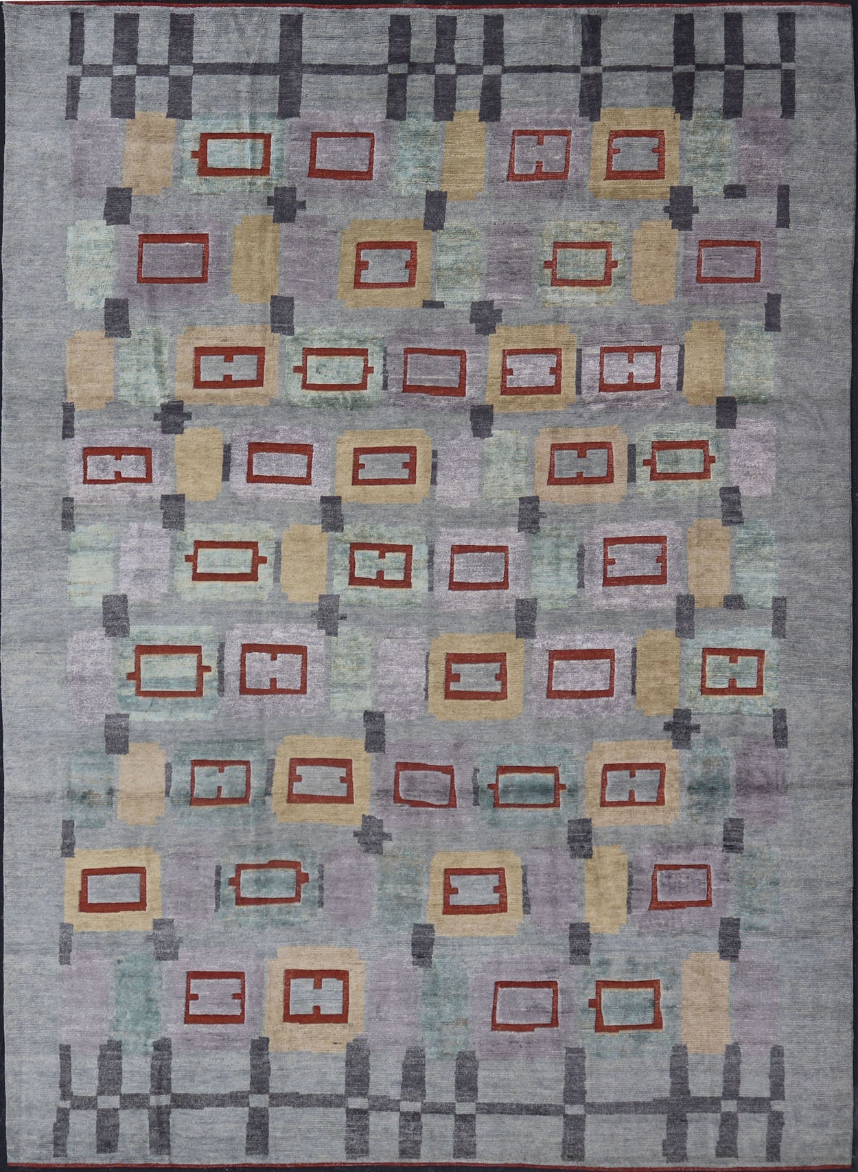 Hand - Knotted Oversized Piled Scandinavian Wool Rug in Gray, Red, and Pastels Measures 10'2 x 13'11 Country of Origin: India; Type: Piled Scandinavian; Design: Abstract Geometric, All - Over, Modern Contemporary; Keivan Woven Arts; rug... - Keivan Woven ArtsRJK - 2035 - A1778K - 17124Rug