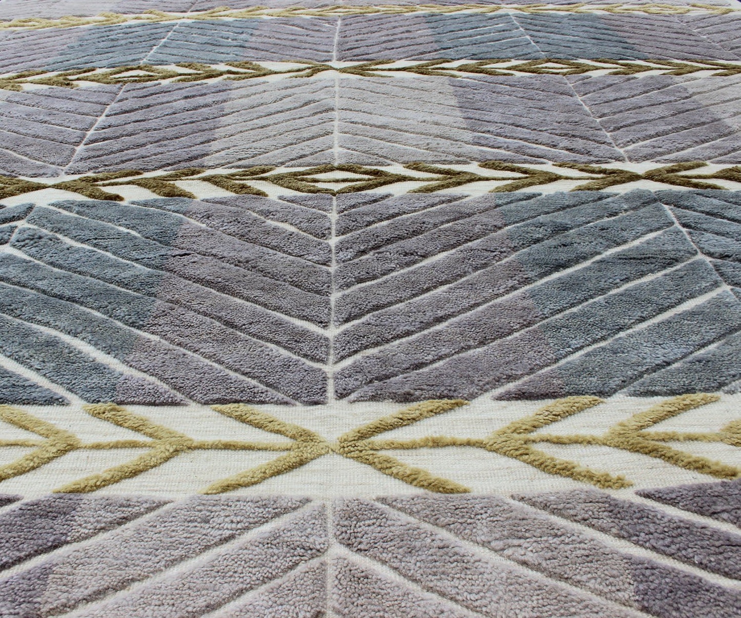 Modern Scandinavian/Swedish Design Rug by Keivan Woven Arts Measures: 9'2 x 11'10 Contemporary Scandinavian design piled rug in Light Purple/lavender, gray, green, gold, and cream, Keivan Woven Arts/ rug RJK - 23293, country of origin / type: In... - Keivan Woven ArtsRJK - 23293 - AHN - PILE - A - 2655 - 13140