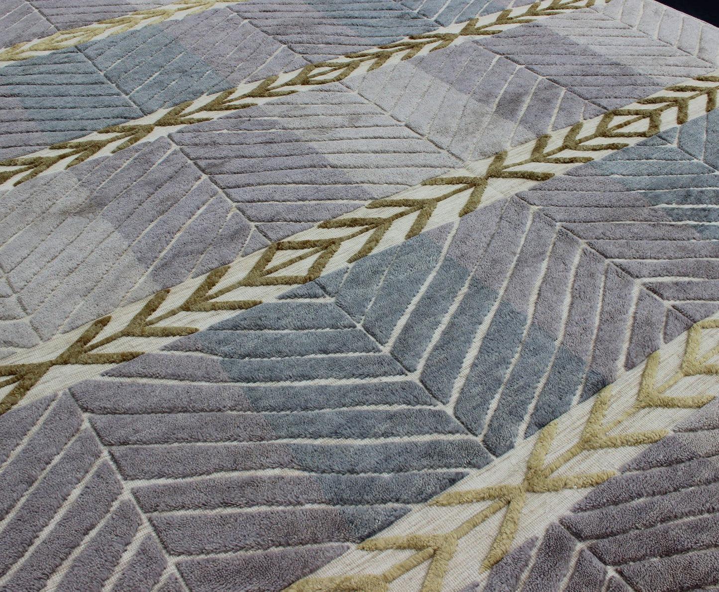 Modern Scandinavian/Swedish Design Rug by Keivan Woven Arts Measures: 9'2 x 11'10 Contemporary Scandinavian design piled rug in Light Purple/lavender, gray, green, gold, and cream, Keivan Woven Arts/ rug RJK - 23293, country of origin / type: In... - Keivan Woven ArtsRJK - 23293 - AHN - PILE - A - 2655 - 13140