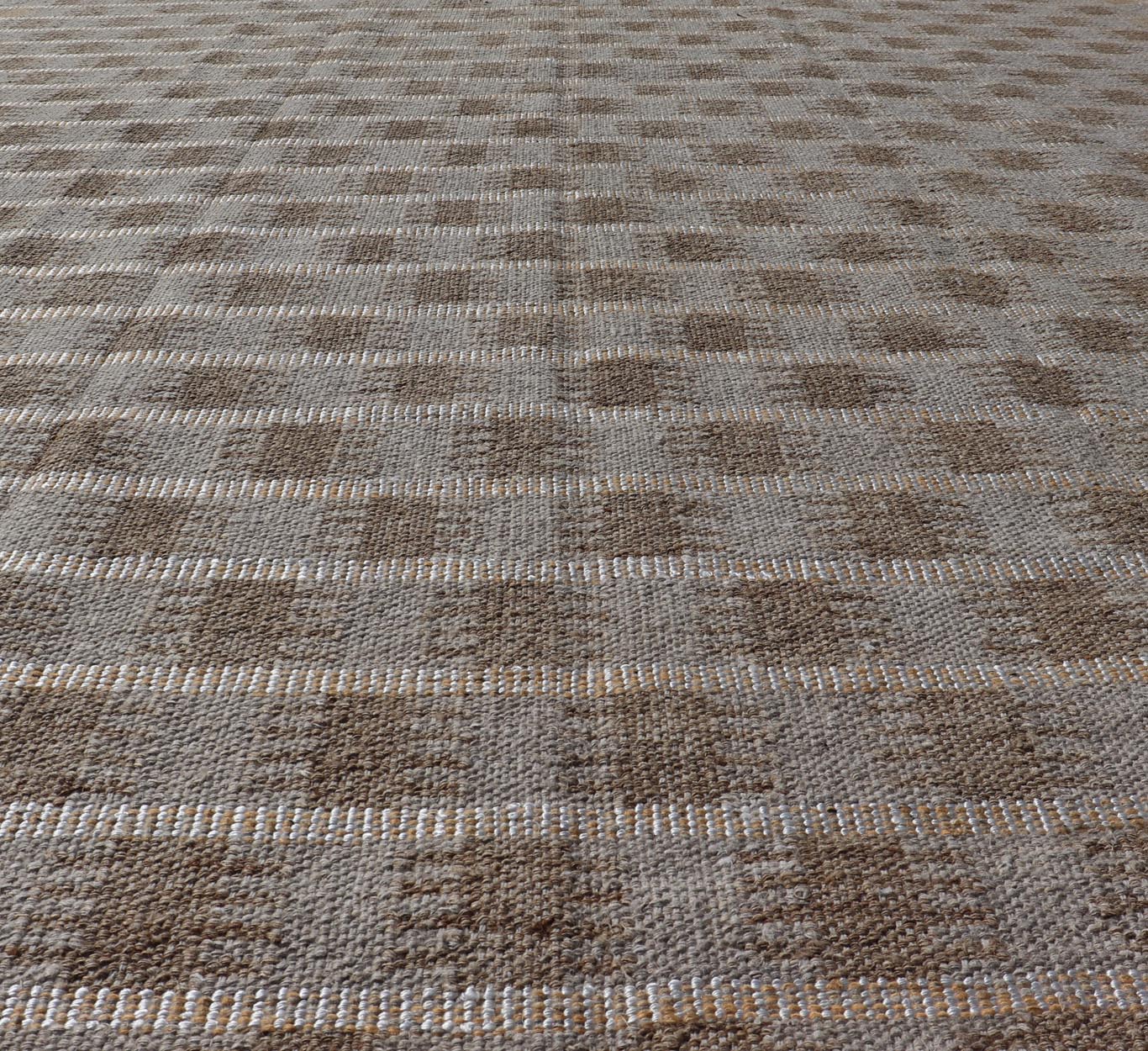 Modern Scandinavian/Swedish Flat Weave Geometric Design Rug in Earth Tones Modern Scandinavian/Swedish Flat Weave Geometric Design Rug in Taupe, warm gray, yellow, white and light brown Keivan Woven Arts rug, RJK - 24791 - SHB - 072 - ALOE, country of o... - Keivan Woven ArtsRJK - 24791 - SHB - 072 - ALOE - 21523Rug