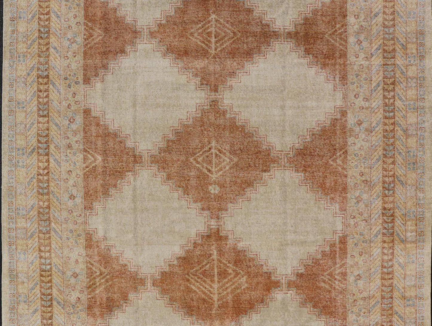Distressed Modern Khotan Design Rug with Diamond & Geometric Pattern In Ivory, Burnt Orange, light green, light blue and yellow colors. Keivan Woven Arts/ rug RJK - 24848 - JPR - 011 - 01 country of origin / type: India / Khotan 21st Century. Measures: ... - Keivan Woven ArtsRJK - 24848 - JPR - 011 - 01 - 21535Rug