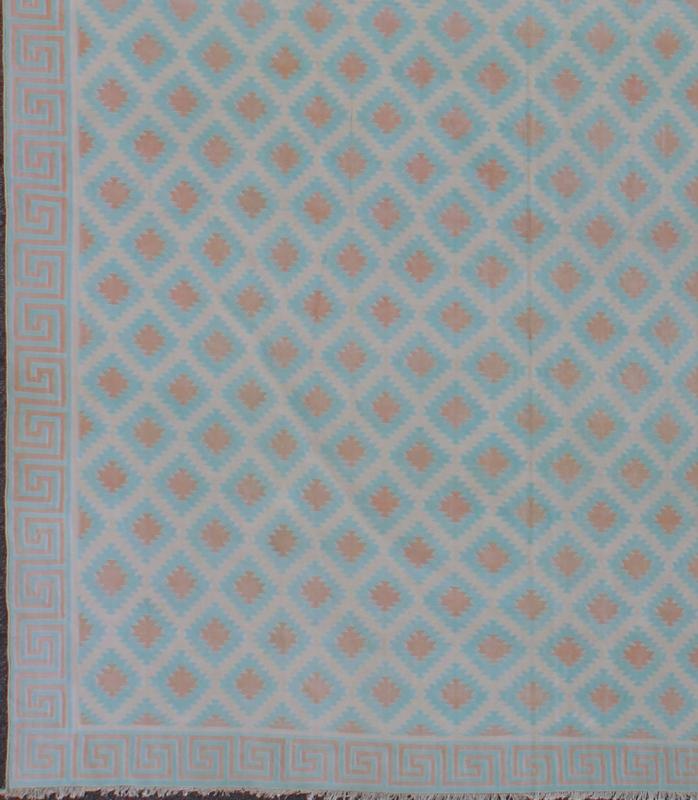 Large Vintage Decorative Indian Cotton Dhurrie, Collection of Thomas Britt. Keivan Woven Arts / rug ROD - 4110, country of origin / type: India / Dhurrie, circa 1970 Measures: 13'7 x 22'6. Woven during the mid - 20th century, this designer cotton dhu... - Keivan Woven ArtsROD - 4110 - 7585Rug