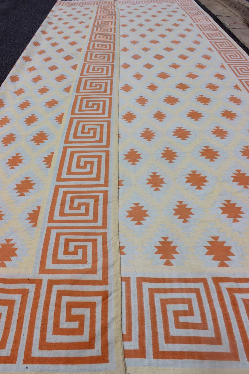 Vintage Cotton Dhurrie Large Rug. Keivan Woven Arts / rug ROD - 4438, country of origin / type: India / Dhurrie, circa 1970 Measures: 12'11 x 121'3. Woven during the mid - 20th century, this designer cotton dhurrie is decorated with a stepped diamond... - Keivan Woven ArtsROD - 4438 - 7601Rug