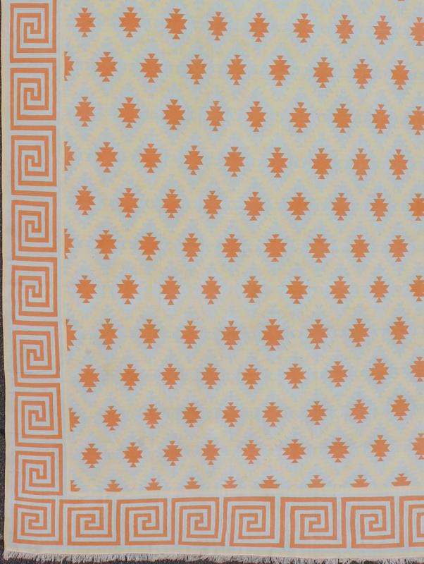 Vintage Cotton Dhurrie Large Rug. Keivan Woven Arts / rug ROD - 4438, country of origin / type: India / Dhurrie, circa 1970 Measures: 12'11 x 121'3. Woven during the mid - 20th century, this designer cotton dhurrie is decorated with a stepped diamond... - Keivan Woven ArtsROD - 4438 - 7601Rug