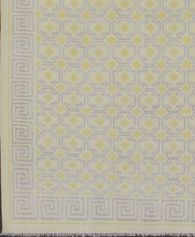 Large Vintage Indian Cotton Dhurrie Rug in Buttery Yellow and Light Lavender. Keivan Woven Arts / rug ROD - 4472, country of origin / type: India / Dhurrie, circa 1970 Measures: 11'8 x 17'6. Woven during the mid - 20th Century, this designer flat - wo... - Keivan Woven ArtsROD - 4472 - 7607Rug