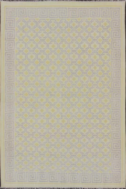 Large Vintage Indian Cotton Dhurrie Rug in Buttery Yellow and Light Lavender. Keivan Woven Arts / rug ROD - 4472, country of origin / type: India / Dhurrie, circa 1970 Measures: 11'8 x 17'6. Woven during the mid - 20th Century, this designer flat - wo... - Keivan Woven ArtsROD - 4472 - 7607Rug