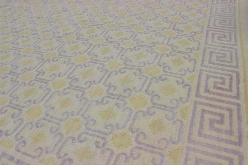 Large Vintage Indian Cotton Dhurrie Rug in Buttery Yellow and Light Lavender. Keivan Woven Arts / rug ROD - 4472, country of origin / type: India / Dhurrie, circa 1970 Measures: 11'8 x 17'6. Woven during the mid - 20th Century, this designer flat - wo... - Keivan Woven ArtsROD - 4472 - 7607Rug