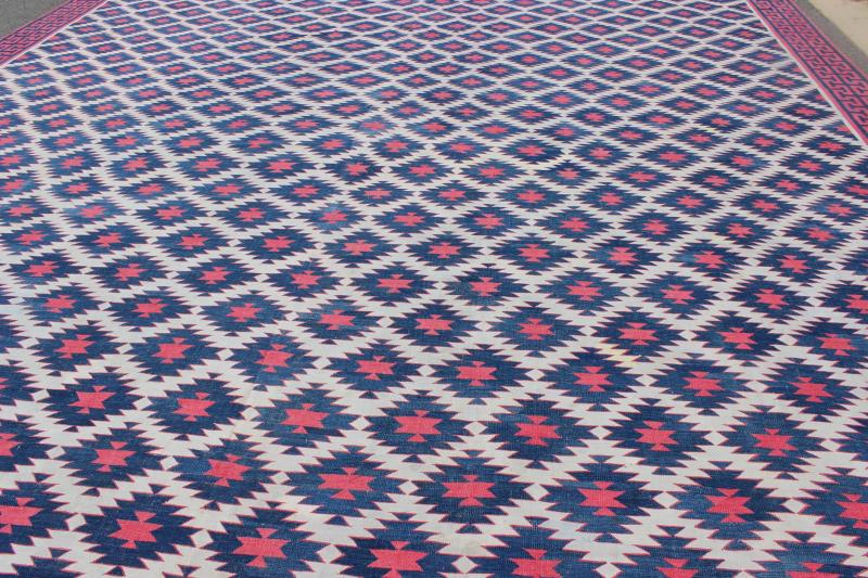 Very Large Vintage Cotton Dhurrie with Geometric Diamond Motifs in Blue, Red & Cream Large Vintage Cotton Dhurrie, Cotton Dhurrie Keivan Woven Arts/rug/ ROD - 4484, Cotton Dhurrie, Indian Vintage cotton Dhurrie Measures: 156 x 19.2. ... - Keivan Woven ArtsROD - 4484 - 7611Rug