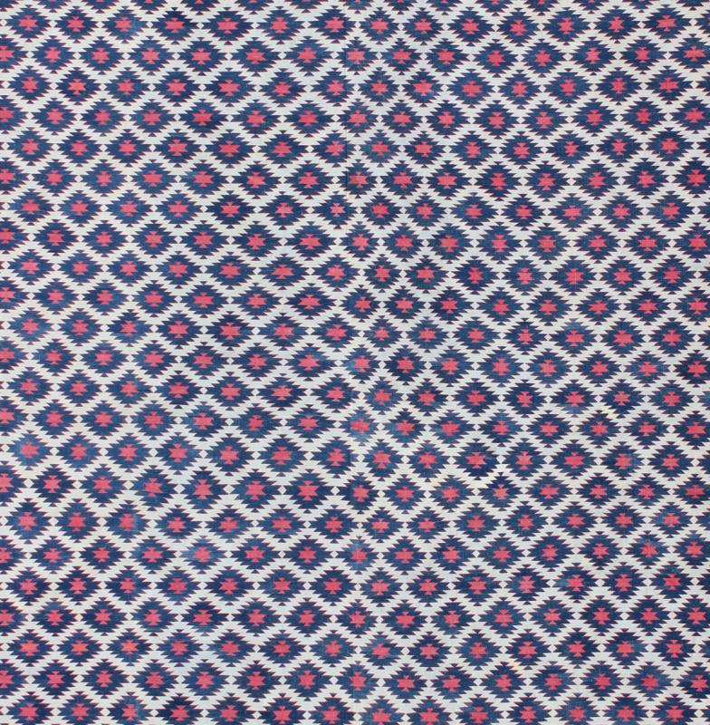 Very Large Vintage Cotton Dhurrie with Geometric Diamond Motifs in Blue, Red & Cream Large Vintage Cotton Dhurrie, Cotton Dhurrie Keivan Woven Arts/rug/ ROD - 4484, Cotton Dhurrie, Indian Vintage cotton Dhurrie Measures: 156 x 19.2. ... - Keivan Woven ArtsROD - 4484 - 7611Rug