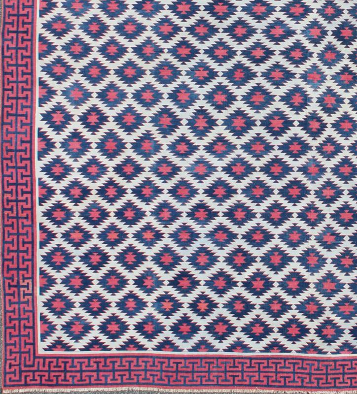 Very Large Vintage Cotton Dhurrie with Geometric Diamond Motifs in Blue, Red & Cream Large Vintage Cotton Dhurrie, Cotton Dhurrie Keivan Woven Arts/rug/ ROD - 4484, Cotton Dhurrie, Indian Vintage cotton Dhurrie Measures: 156 x 19.2. ... - Keivan Woven ArtsROD - 4484 - 7611Rug