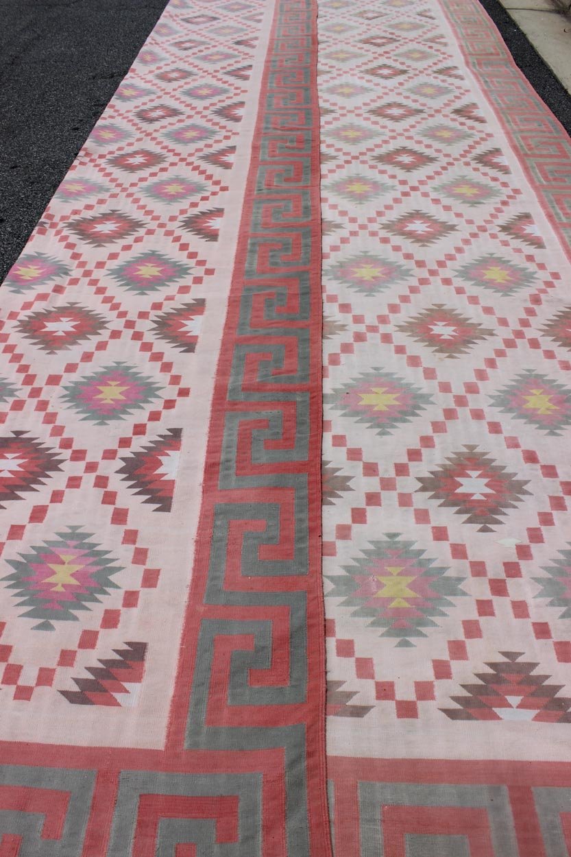 Large Vintage Indian Designer Cotton Dhurrie In Muted Pastel Colors. Keivan Woven Arts / rug ROD - 4485, country of origin / type: India / Dhurrie, circa 1970 Measures: 10'6 x 19'4. Woven during the mid - 20th Century, this designer flat - woven Indi... - Keivan Woven ArtsROD - 4485 - 7615Rug