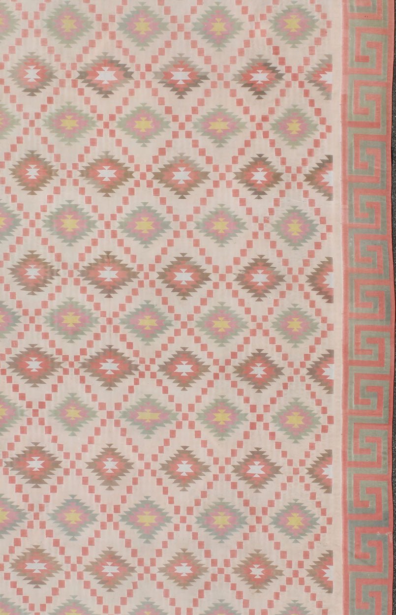 Large Vintage Indian Designer Cotton Dhurrie In Muted Pastel Colors. Keivan Woven Arts / rug ROD - 4485, country of origin / type: India / Dhurrie, circa 1970 Measures: 10'6 x 19'4. Woven during the mid - 20th Century, this designer flat - woven Indi... - Keivan Woven ArtsROD - 4485 - 7615Rug