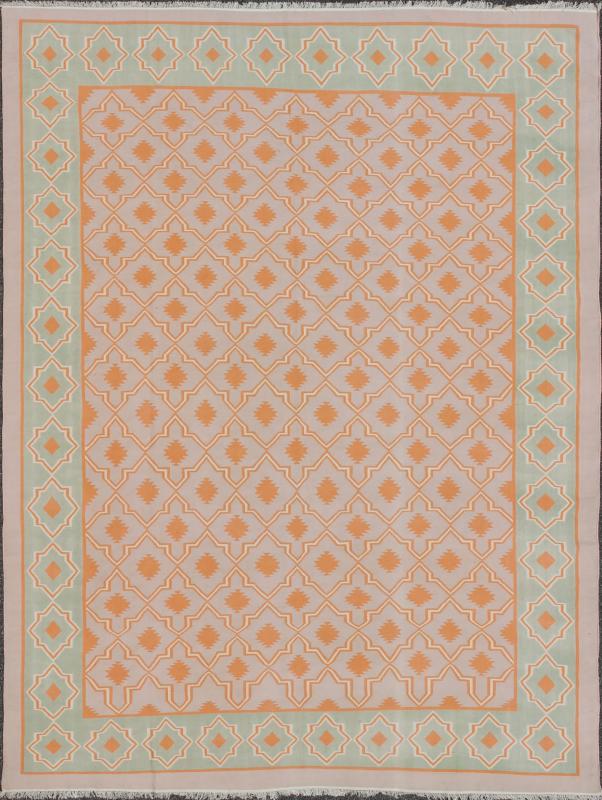 Large Vintage Cotton Dhurrie Designer Rug In Shades of Orange and Mint Green. Keivan Woven Arts / rug ROD - 5254, country of origin / type: India / Dhurrie, circa 1960 Measures: 11'6 x 14'6. Woven during the mid - 20th century, this designer, flat - wo... - Keivan Woven ArtsROD - 5254 - 7621Rug