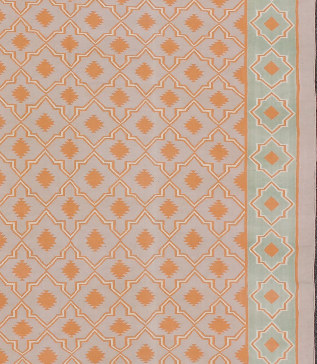 Large Vintage Cotton Dhurrie Designer Rug In Shades of Orange and Mint Green. Keivan Woven Arts / rug ROD - 5254, country of origin / type: India / Dhurrie, circa 1960 Measures: 11'6 x 14'6. Woven during the mid - 20th century, this designer, flat - wo... - Keivan Woven ArtsROD - 5254 - 7621Rug