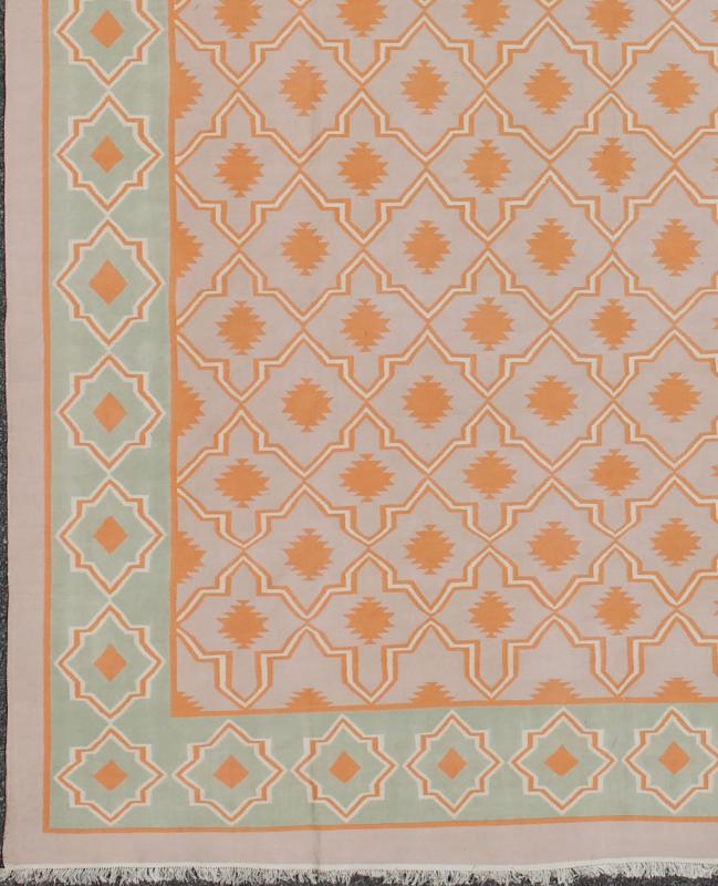 Large Vintage Cotton Dhurrie Designer Rug In Shades of Orange and Mint Green. Keivan Woven Arts / rug ROD - 5254, country of origin / type: India / Dhurrie, circa 1960 Measures: 11'6 x 14'6. Woven during the mid - 20th century, this designer, flat - wo... - Keivan Woven ArtsROD - 5254 - 7621Rug