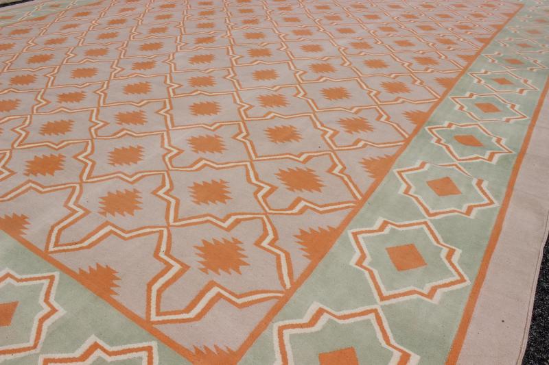 Large Vintage Cotton Dhurrie Designer Rug In Shades of Orange and Mint Green. Keivan Woven Arts / rug ROD - 5254, country of origin / type: India / Dhurrie, circa 1960 Measures: 11'6 x 14'6. Woven during the mid - 20th century, this designer, flat - wo... - Keivan Woven ArtsROD - 5254 - 7621Rug