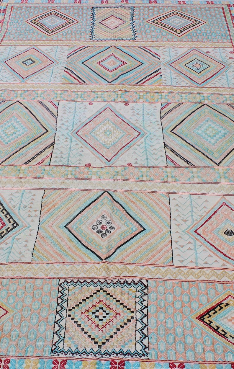 Silk Embroidery North African Flat Weave Vintage Rug with Diamond Pattern. Made with silk embroideries, Colorful vintage embroidery north African embroidered flat weave with diamond pattern and horizontal details, Keivan Woven Arts / rug S12 - 030... - Keivan Woven ArtsS12 - 0303 - 3207Rug