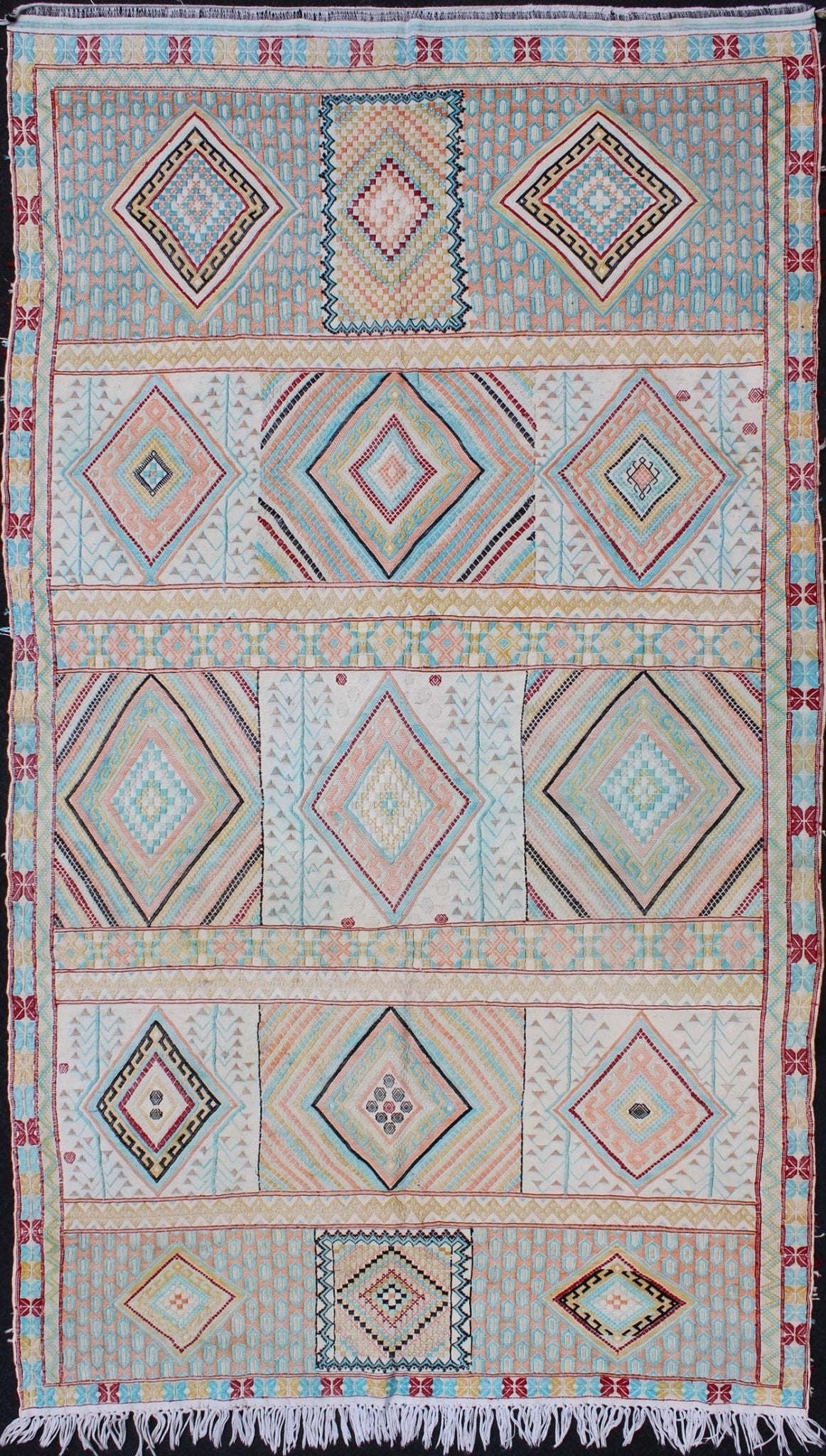 Silk Embroidery North African Flat Weave Vintage Rug with Diamond Pattern. Made with silk embroideries, Colorful vintage embroidery north African embroidered flat weave with diamond pattern and horizontal details, Keivan Woven Arts / rug S12 - 030... - Keivan Woven ArtsS12 - 0303 - 3207Rug