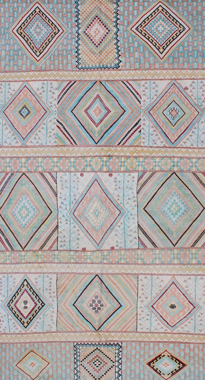 Silk Embroidery North African Flat Weave Vintage Rug with Diamond Pattern. Made with silk embroideries, Colorful vintage embroidery north African embroidered flat weave with diamond pattern and horizontal details, Keivan Woven Arts / rug S12 - 030... - Keivan Woven ArtsS12 - 0303 - 3207Rug