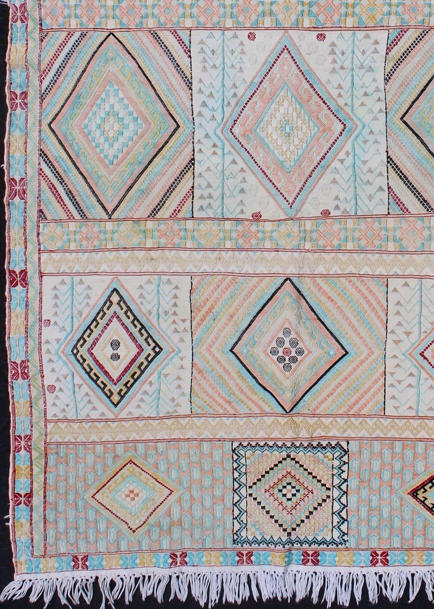 Silk Embroidery North African Flat Weave Vintage Rug with Diamond Pattern. Made with silk embroideries, Colorful vintage embroidery north African embroidered flat weave with diamond pattern and horizontal details, Keivan Woven Arts / rug S12 - 030... - Keivan Woven ArtsS12 - 0303 - 3207Rug