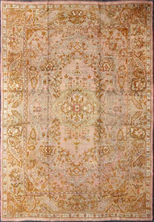 Antique Oushak with Intricate Floral Design in Pink, L. Green, Orange Keivan Woven Arts / rug /S12 - 0304, country of origin / type: Turkey / Oushak, circa Early - 20th century. Antique Floral Pattern Oushak Rug in Pink, Orange and Light Green ... - Keivan Woven ArtsS12 - 0304 - 3211