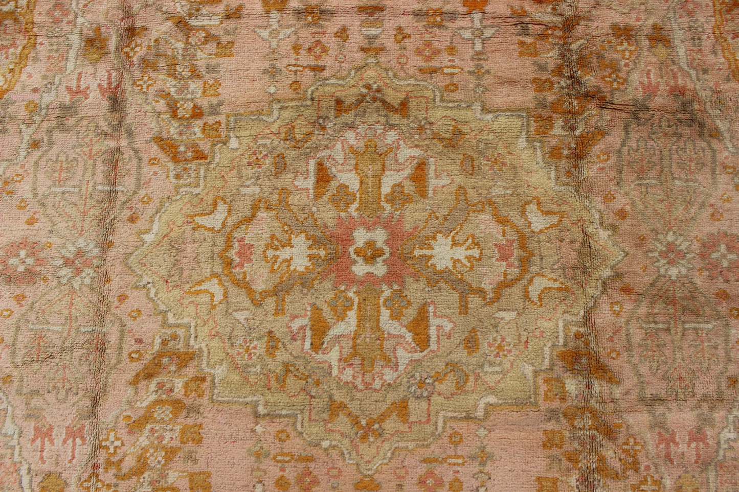 Antique Oushak with Intricate Floral Design in Pink, L. Green, Orange Keivan Woven Arts / rug /S12 - 0304, country of origin / type: Turkey / Oushak, circa Early - 20th century. Antique Floral Pattern Oushak Rug in Pink, Orange and Light Green ... - Keivan Woven ArtsS12 - 0304 - 3211Rug