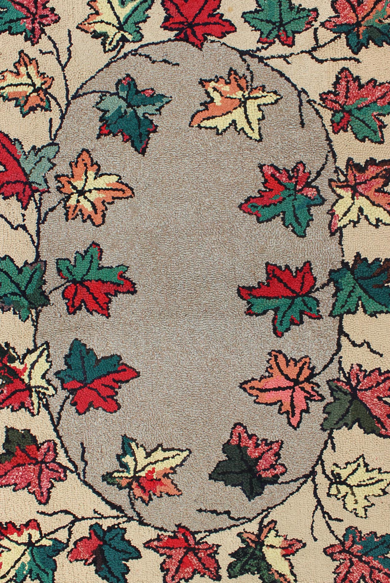 Leaf Design American Hooked Rug in Red, Green, and Charcoal Outlines Vintage American hooked rug with leaf design, Keivan Woven Arts / rug S12 - 0305, country of origin / type: United States / Hooked, circa 1930 Ingenious in style, color a... - Keivan Woven ArtsS12 - 0305 - 3194Rug