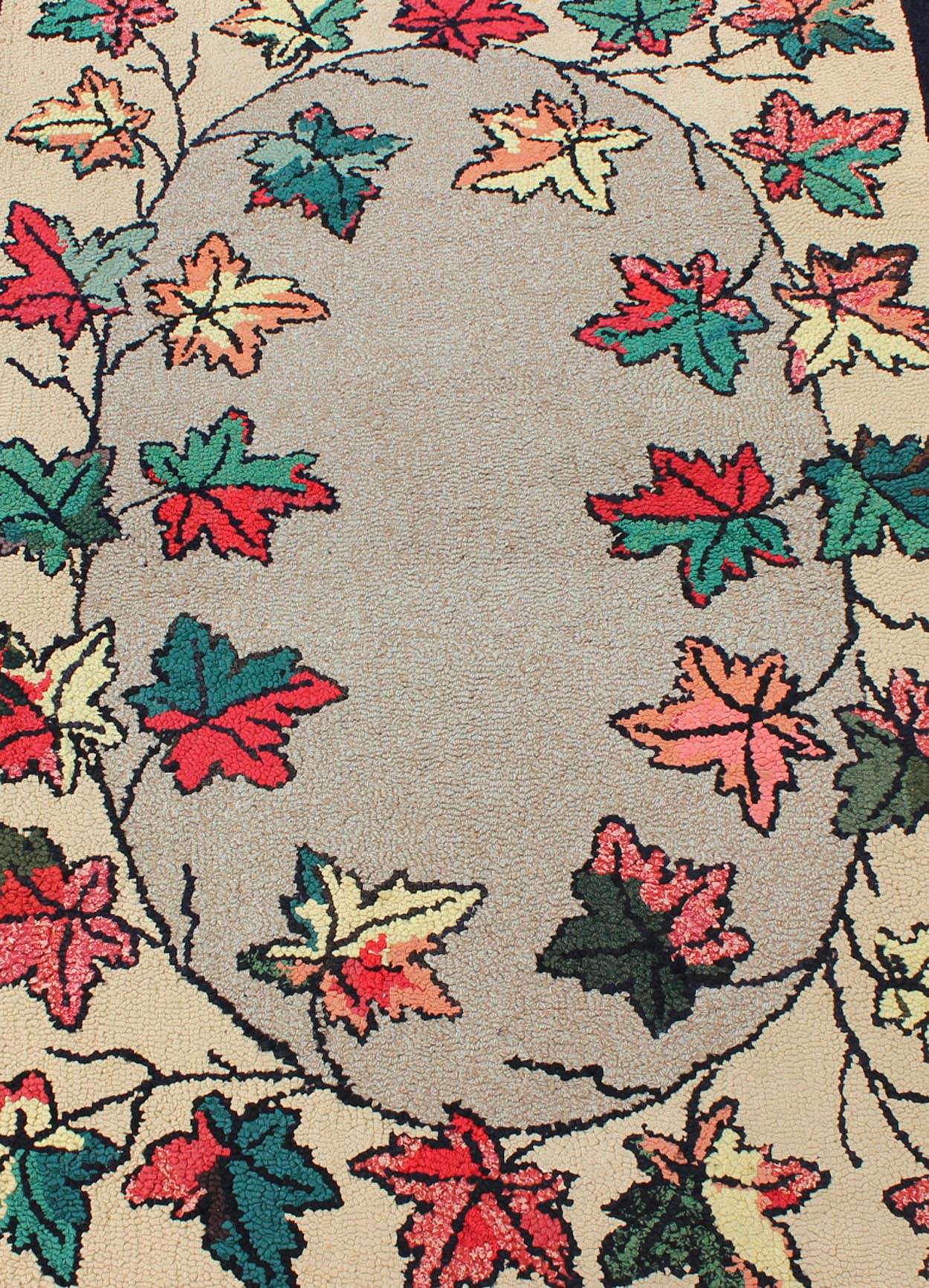 Leaf Design American Hooked Rug in Red, Green, and Charcoal Outlines Vintage American hooked rug with leaf design, Keivan Woven Arts / rug S12 - 0305, country of origin / type: United States / Hooked, circa 1930 Ingenious in style, color a... - Keivan Woven ArtsS12 - 0305 - 3194Rug