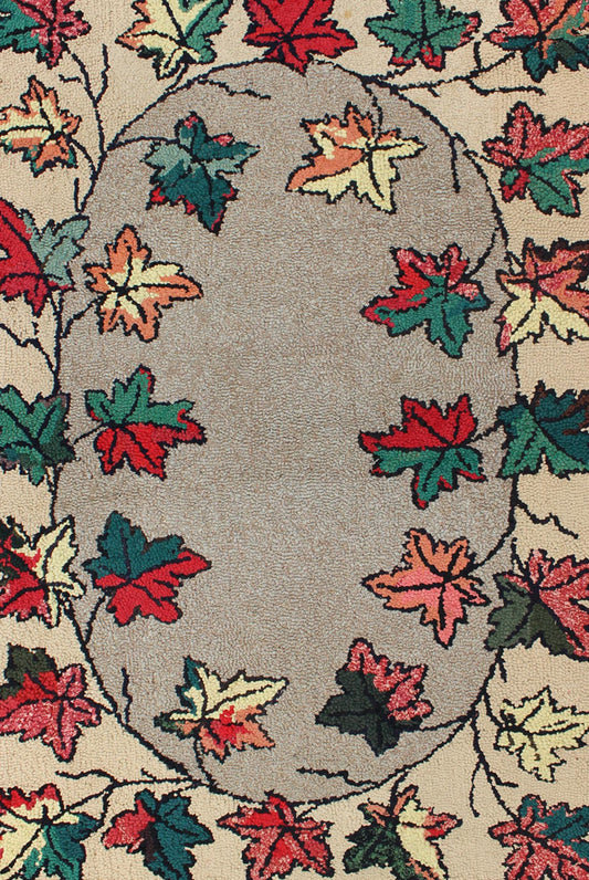 Leaf Design American Hooked Rug in Red, Green, and Charcoal Outlines Vintage American hooked rug with leaf design, Keivan Woven Arts / rug S12 - 0305, country of origin / type: United States / Hooked, circa 1930 Ingenious in style, color a... - Keivan Woven ArtsS12 - 0305 - 3194