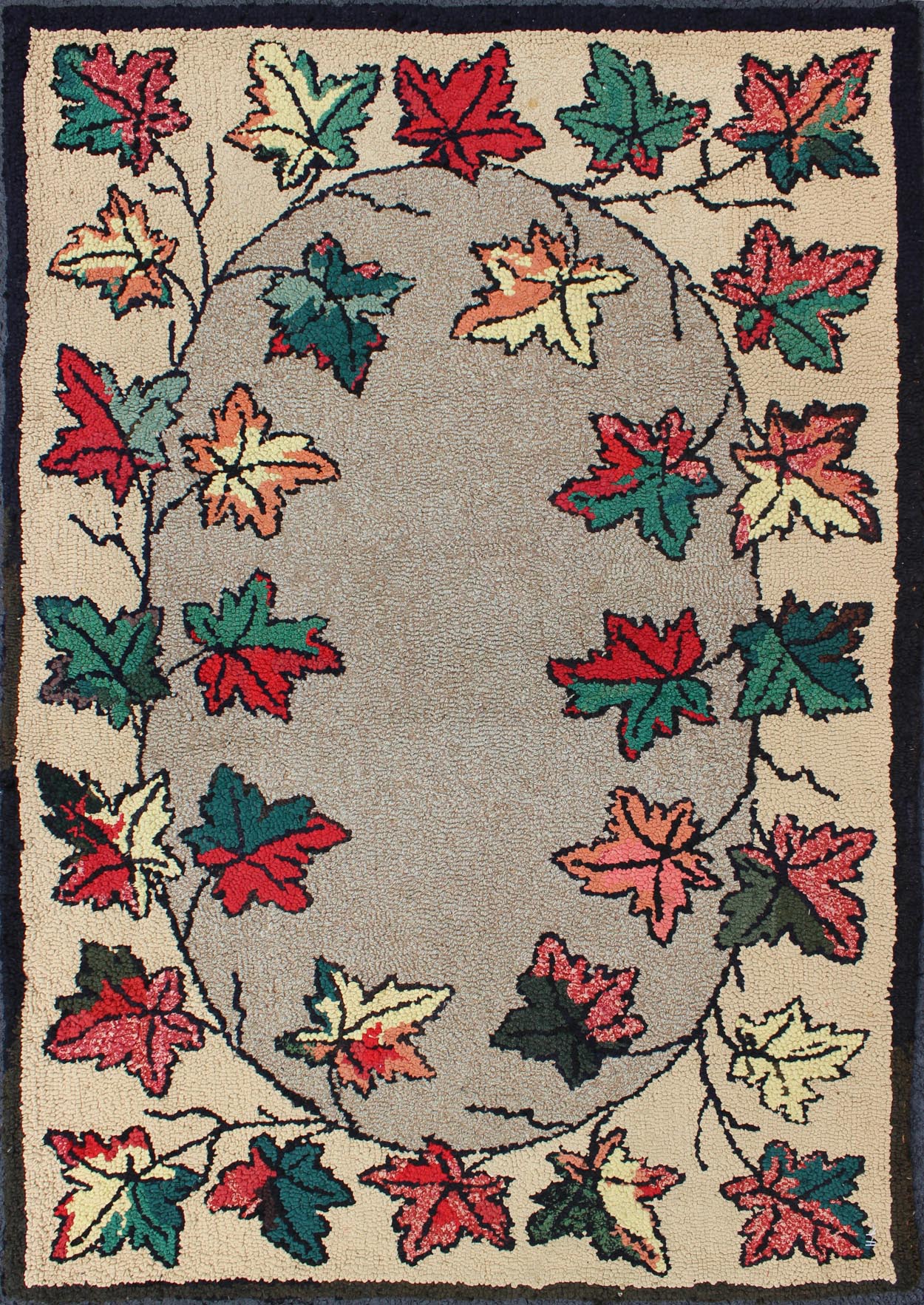 Leaf Design American Hooked Rug in Red, Green, and Charcoal Outlines Vintage American hooked rug with leaf design, Keivan Woven Arts / rug S12 - 0305, country of origin / type: United States / Hooked, circa 1930 Ingenious in style, color a... - Keivan Woven ArtsS12 - 0305 - 3194Rug