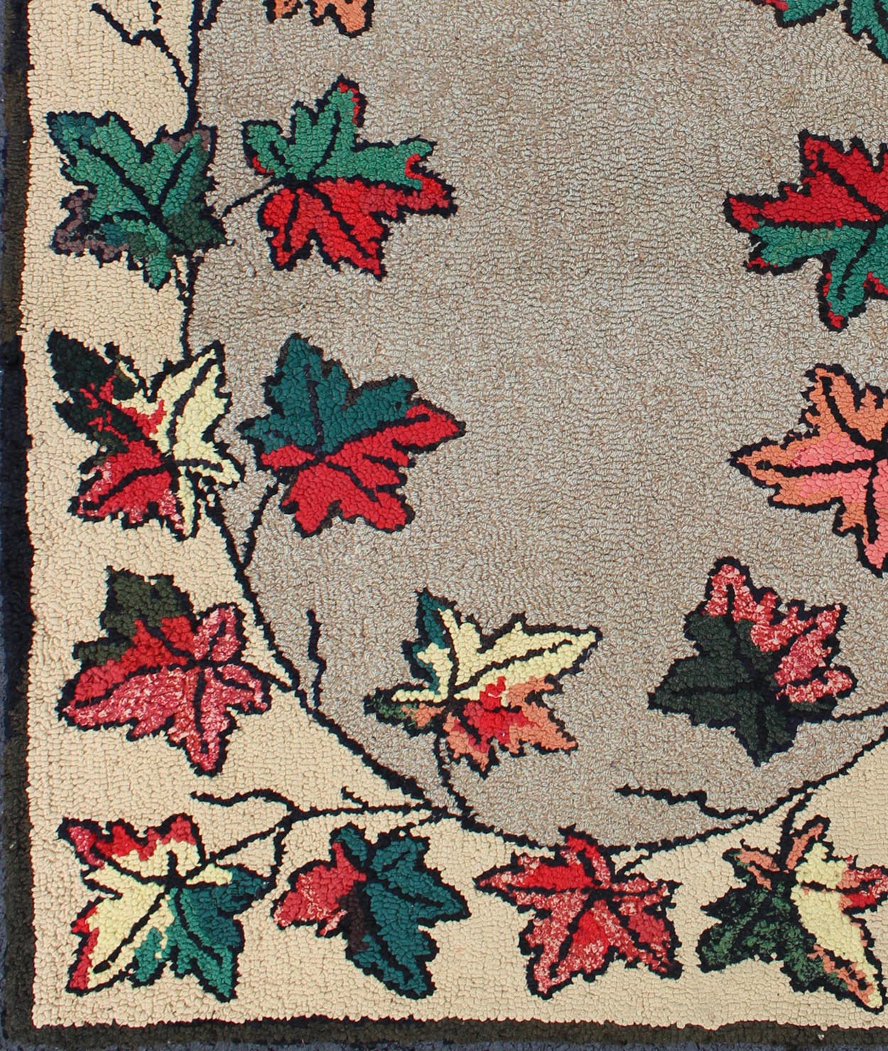 Leaf Design American Hooked Rug in Red, Green, and Charcoal Outlines Vintage American hooked rug with leaf design, Keivan Woven Arts / rug S12 - 0305, country of origin / type: United States / Hooked, circa 1930 Ingenious in style, color a... - Keivan Woven ArtsS12 - 0305 - 3194Rug